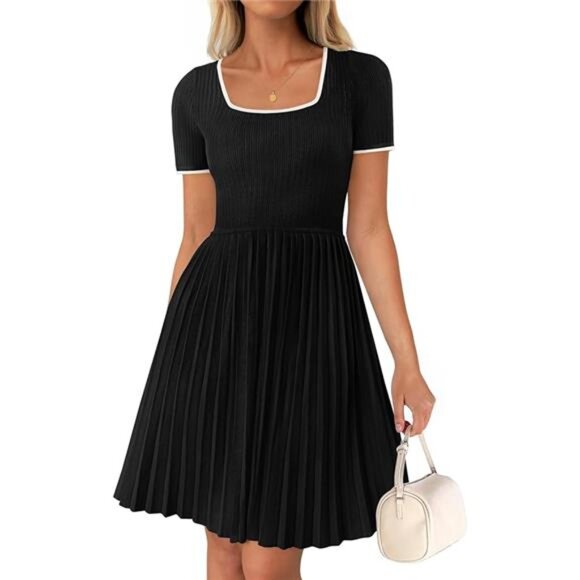 Ribbed Square Neck Color Block Pleated Mini Dress Short Sleeve A-Line - Picture 7 of 7